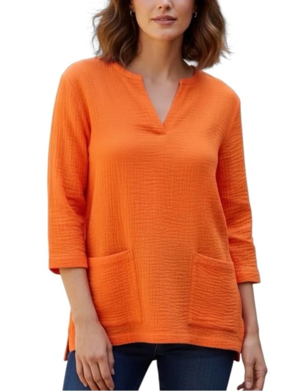 Soft Surroundings Orange Araza Gauze Top Pockets Womenโs Size PM